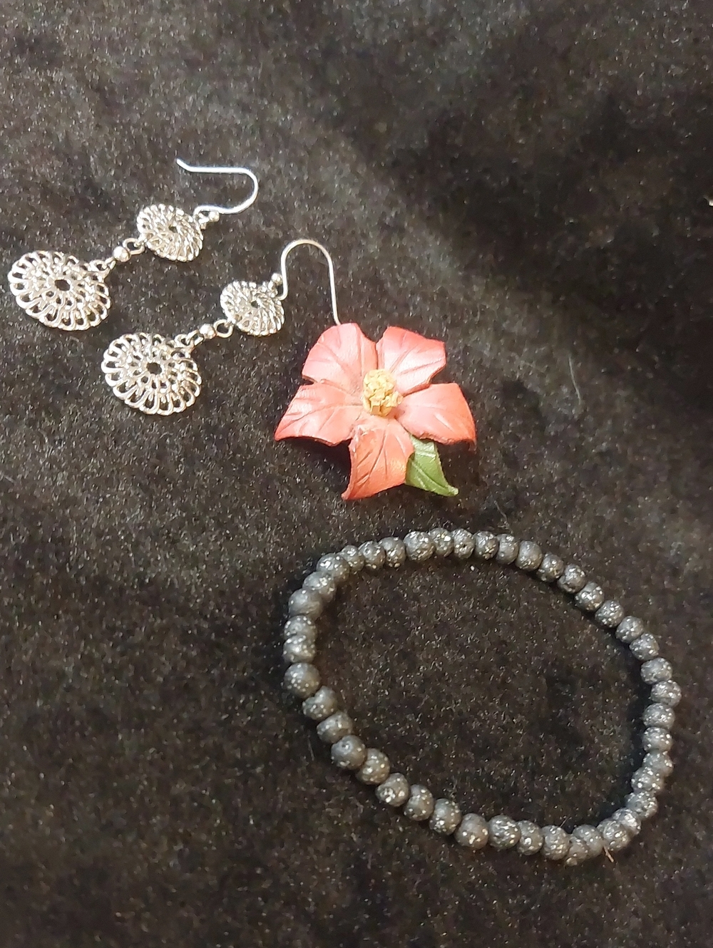 💚3/$25 Boho Earthy Jewelry Lot: Lava Rock Bracelet, Earrings & Brooch